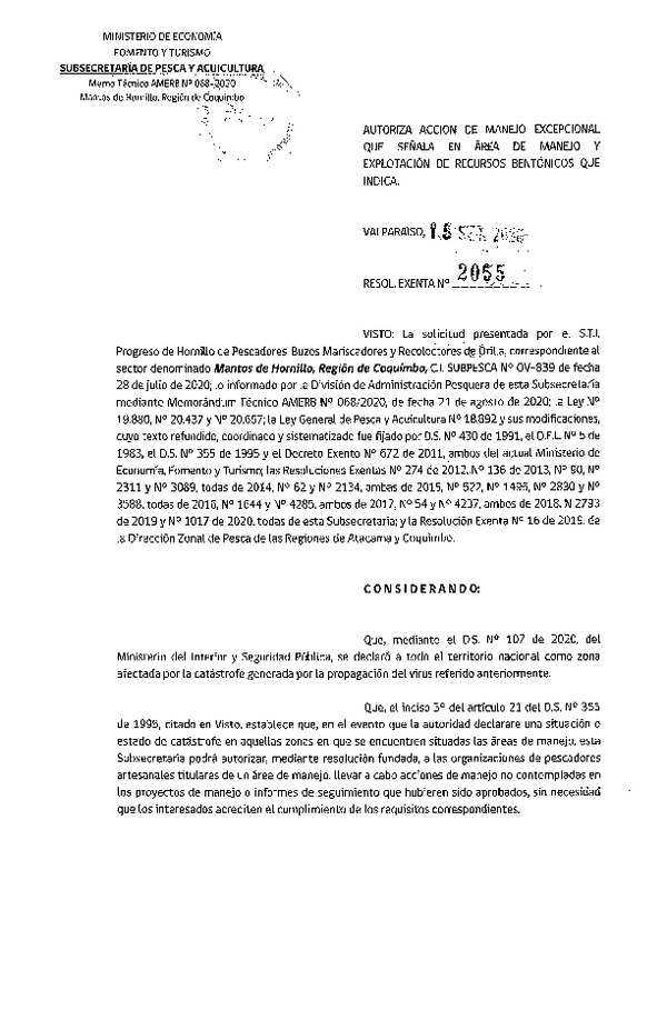 Res. Ex. N° 2055-2020 Autoriza acción de manejo excepcional que indica. (Publicado en Página Web 17-09-2020)
