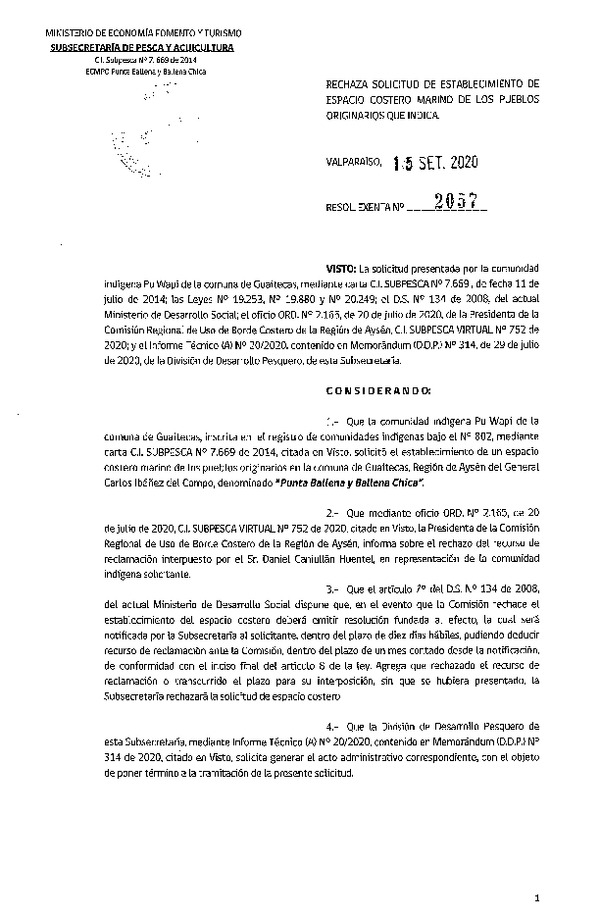 Res. Ex. N 2057-2020 Rechaza solicitud de establecimiento de espacio costero marino de los pueblos originarios que indica. (Publicado en Página Web 17-09-2020)