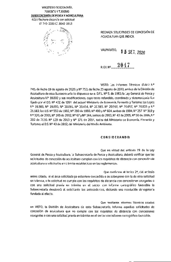 Res. Ex. N° 2047-2020 Rechaza solicitudes de concesión de acuicultura que indica.