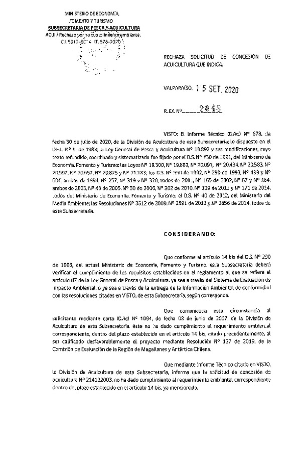 Res. Ex. N° 2048-2020 Rechaza solicitud de concesión de acuicultura que indica.