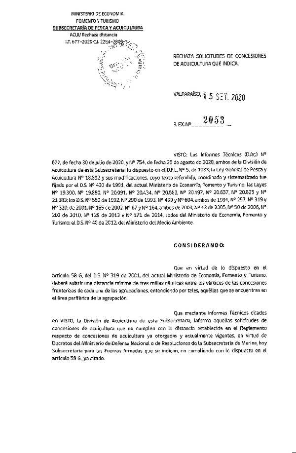 Res. Ex. N° 2053-2020 Rechaza solicitudes de concesión de acuicultura que indica.