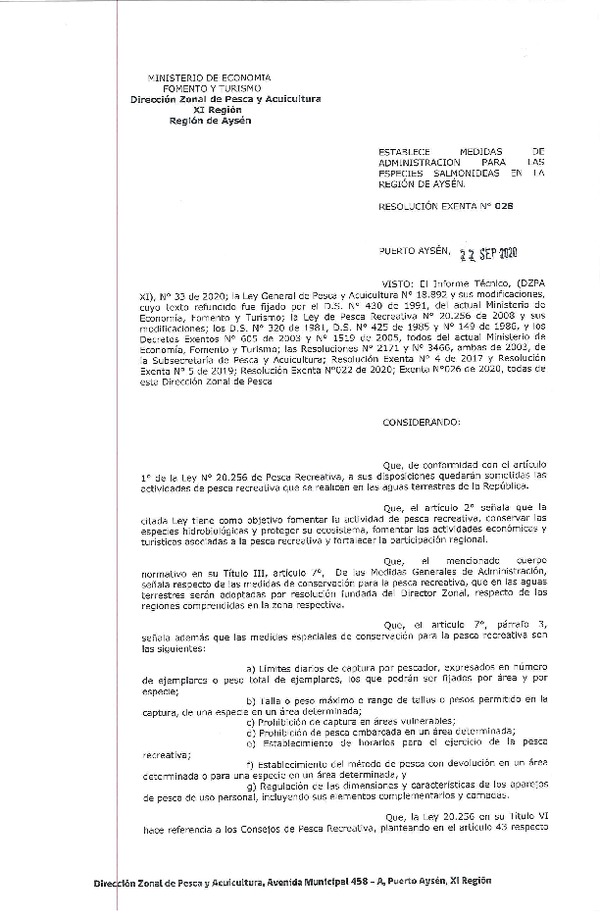 Res. Ex. N° 028-2020 (DZP Aysén) Establece Medidas de Administración para las Especies Salmonideas en la Región de Aysén. (Publicado en Página Web 22-09-2020)