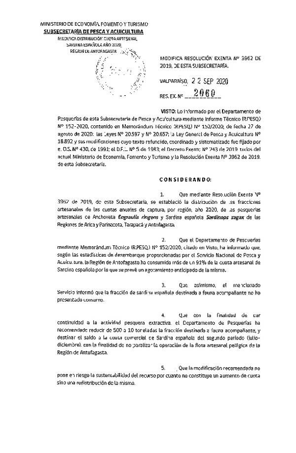 Res. Ex. N° 2060 Modifica Res. Ex. N° 3962-2019 Establece Distribución de las Fracciones Artesanales de Anchoveta y Sardina Española Zona Norte, Por Región, Año 2020. (Publicado en Página Web 22-09-2020)