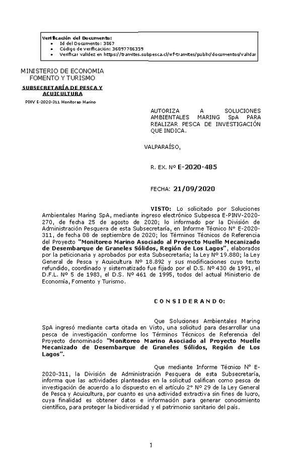 R. EX. Nº E-2020-485 Monitoreo Marino Asociado al Proyecto Muelle Mecanizado de Desembarque de Graneles Sólidos, Región de Los Lagos. (Publicado en Página Web 23-09-2020)