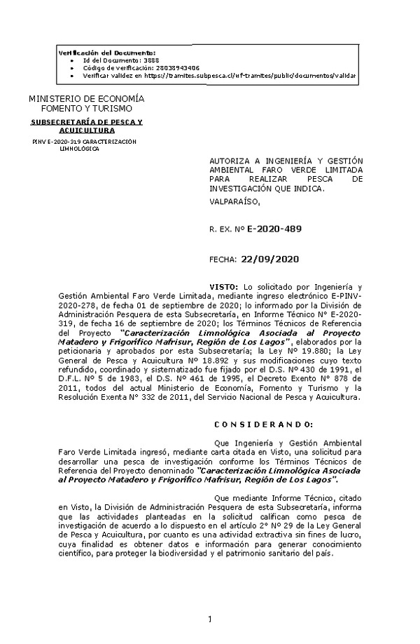 R. EX. Nº E-2020-489 Caracterización Limnológica Asociada al Proyecto Matadero y Frigorífico Mafrisur, Región de Los Lagos. (Publicado en Página Web 23-09-2020)