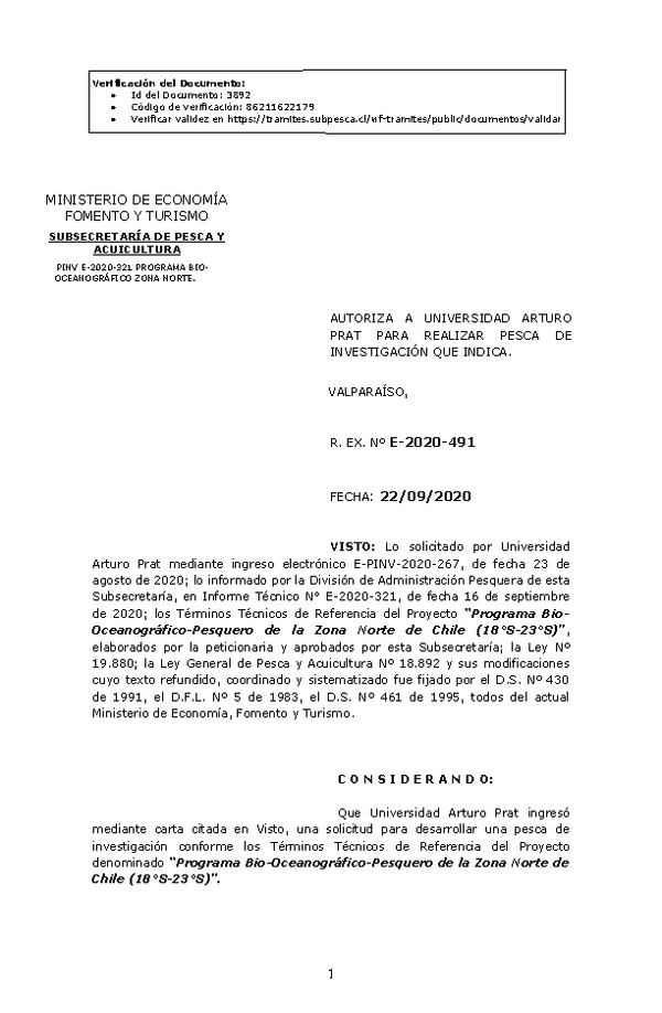 R. EX. Nº E-2020-491 Programa Bio-Oceanográfico-Pesquero de la Zona Norte de Chile (18°S-23°S). (Publicado en Página Web 23-09-2020)