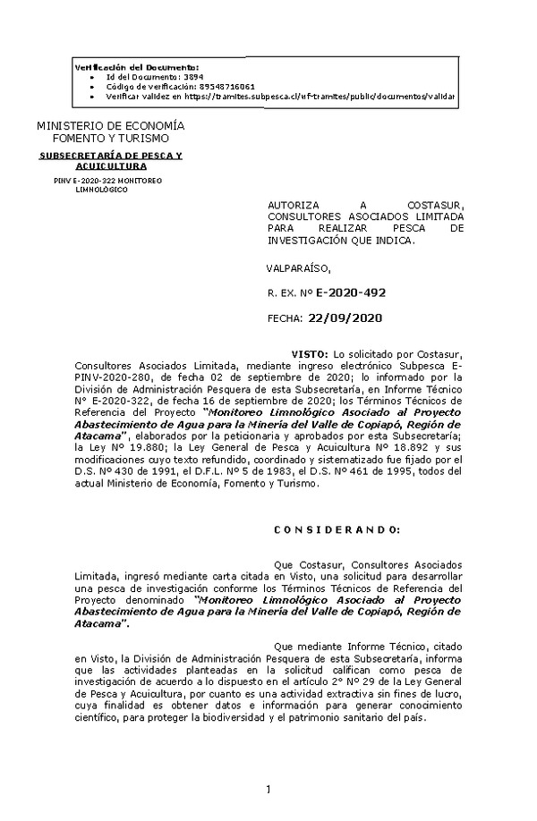 R. EX. Nº E-2020-492 Monitoreo Limnológico Asociado al Proyecto Abastecimiento de Agua para la Minería del Valle de Copiapó, Región de Atacama. (Publicado en Página Web 23-09-2020)