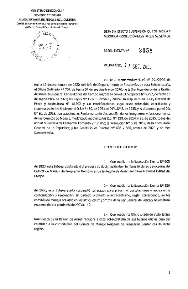 Res. Ex. N° 2058-2020 Deja sin Efecto Suspensión que Indica y Modifica Resolución que Señala. (Publicado en Página Web 23-09-2020)