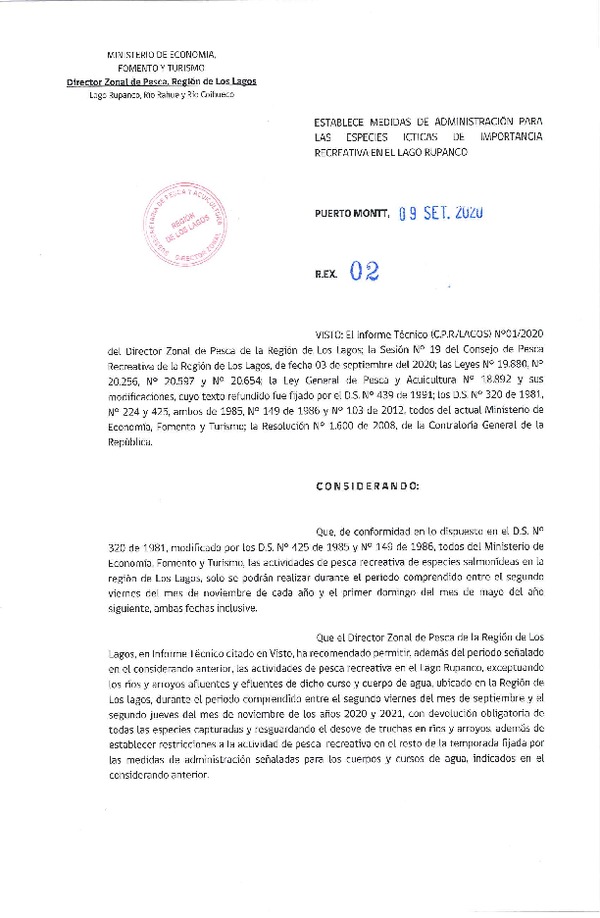 Res. Ex. N° 02-2020 (DZP Los Lagos) Establece Medidas de Administración para las Especies Ícticas de Importancia Recreativa en el lago Rupanco. (Publicado en Página Web 23-09-2020)