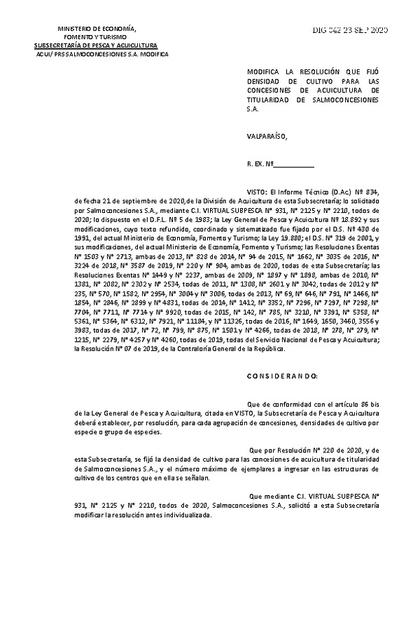 Res, Ex. N° 042-2020 Modifica Res. Ex N° 220-2020, Fija densidad de cultivo para las concesiones de acuicultura de titularidad de Salmoconcesiones S.A., Aprueba programa de manejo que indica. (Publicado en Página Web 24-09-2020).