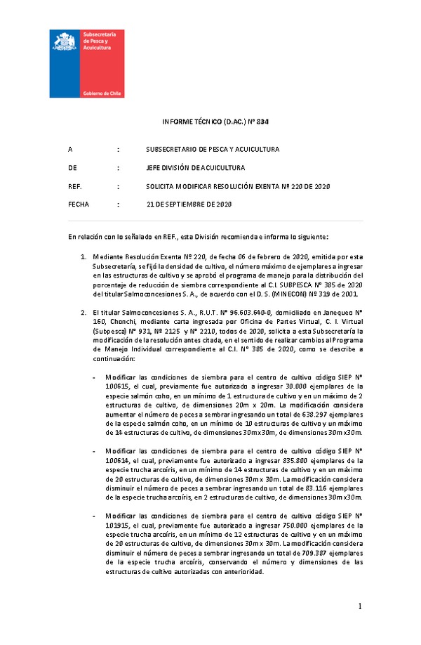 INFORME TÉCNICO (D.AC.) N° 834 (21-09-2020) SOLICITA MODIFICAR RESOLUCIÓN EXENTA Nº 220 DE 2020.