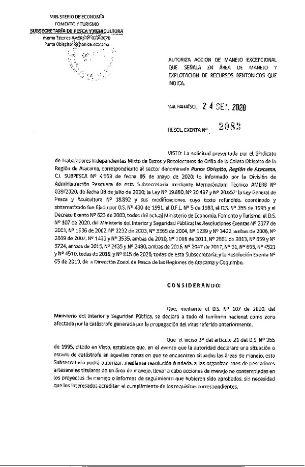 Res. Ex. N° 2083-2020 Autoriza Acción de Manejo Excepcional que Señala. (Publicado en Págna Web 24-09-2020)