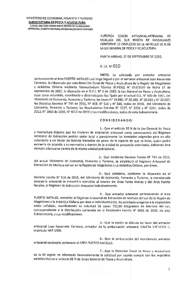 Res Ex. N° 010-2020 (DZP de Magallanes) Autoriza Cesión Merluza del sur. (Publicado en Página Web 25-09-2020)