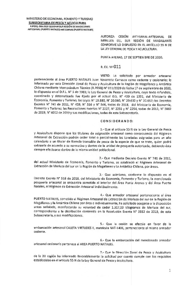 Res Ex. N° 011-2020 (DZP de Magallanes) Autoriza Cesión Merluza del sur. (Publicado en Página Web 25-09-2020)