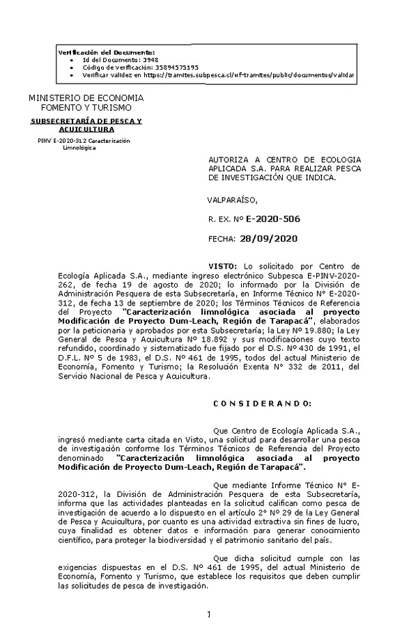 R. EX. Nº E-2020-506 Caracterización limnológica asociada al proyecto Modificación de Proyecto Dum-Leach, Región de Tarapacá. (Publicado en Página Web 28-09-2020)