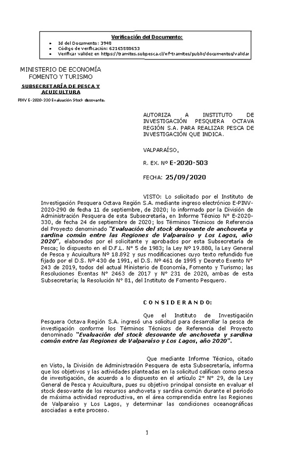 R. EX. Nº E-2020-503 Evaluación del stock desovante de anchoveta y sardina común entre las Regiones de Valparaíso y Los Lagos, año 2020. (Publicado en Página Web 28-09-2020)