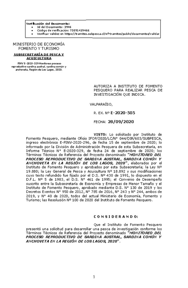 R. EX. Nº E-2020-505 MONITOREO DEL PROCESO REPRODUCTIVO DE SARDINA AUSTRAL, SARDINA COMÚN Y ANCHOVETA EN LA REGIÓN DE LOS LAGOS, 2020. (Publicado en Página Web 28-09-2020)