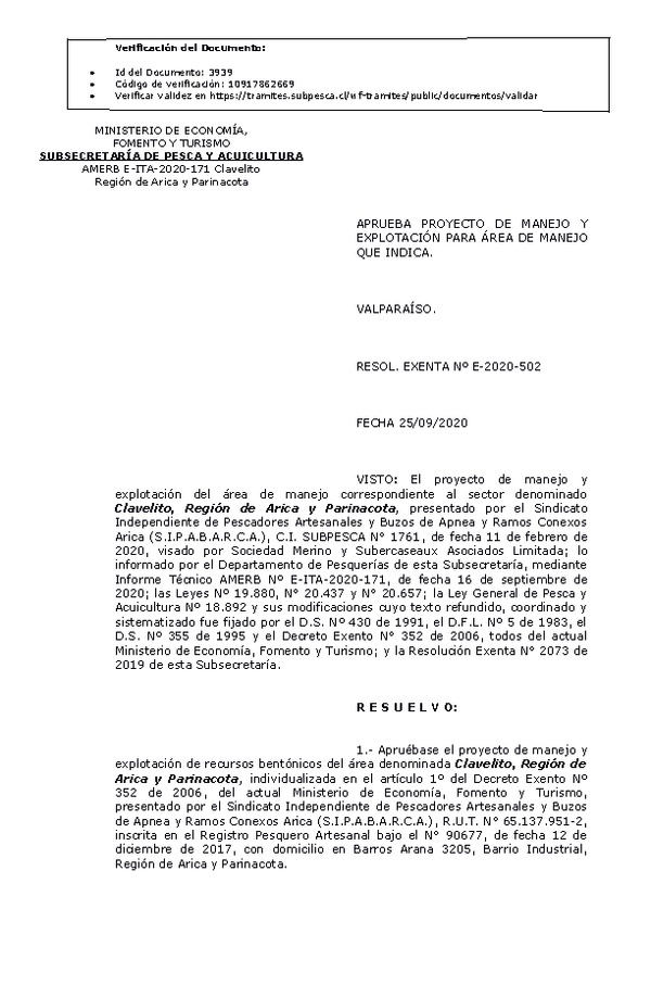 RESOL. EXENTA Nº E-2020-502 Plan e Manejo. (Publicado en Página Web 28-09-2020)