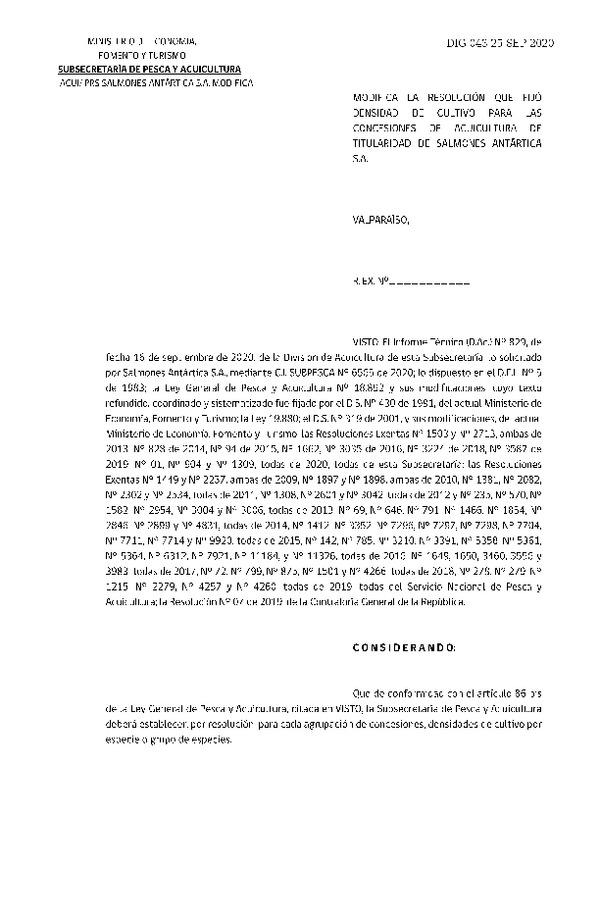 Res. Ex. DIG 043-2020 Modifica Res. Ex. N° 1-2020 Fija densidad de cultivo para concesiones de acuicultura de titularidad de Salmones Antártica. (Publicado en Página Web 28-09-2020)