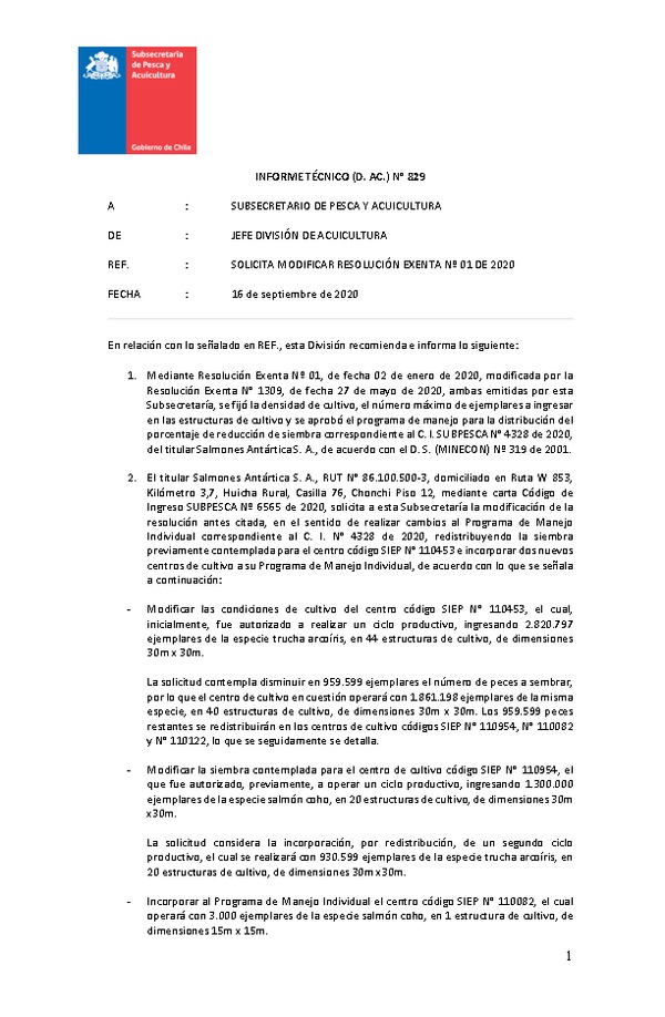 INFORME TÉCNICO (D. AC.) N° 829 16/09/2020 SOLICITA MODIFICAR RESOLUCIÓN EXENTA Nº 01 DE 2020.