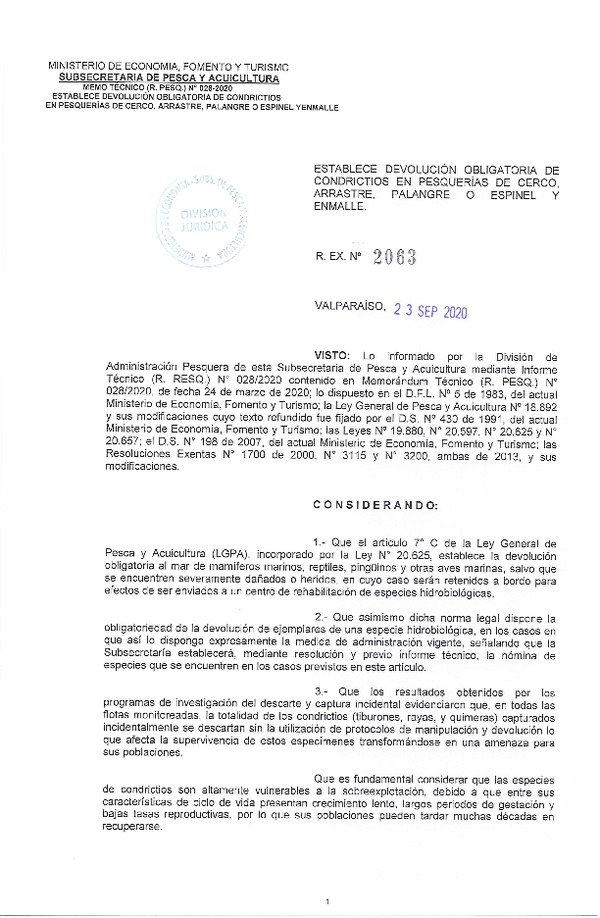 Res. Ex. N° 2063-2020 Establece Devolución Obligatoria de Condrictios en Pesquerías de Cerco, Arrastre, Palangre o Espinel y Enmalle. (Publicado en Página Web 28-09-2020) (F.D.O. 26-09-2020)