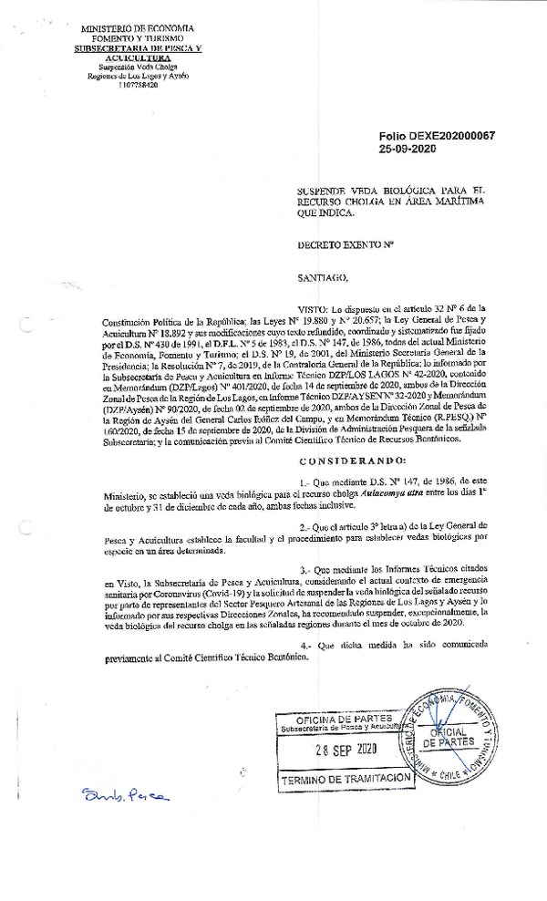 Dec. Ex. Folio 202000067 Suspende Veda Biológica para el Recurso Cholga, Regiones de Los Lagos y Aysén. (Publicado en Página Web 29-09-2020)