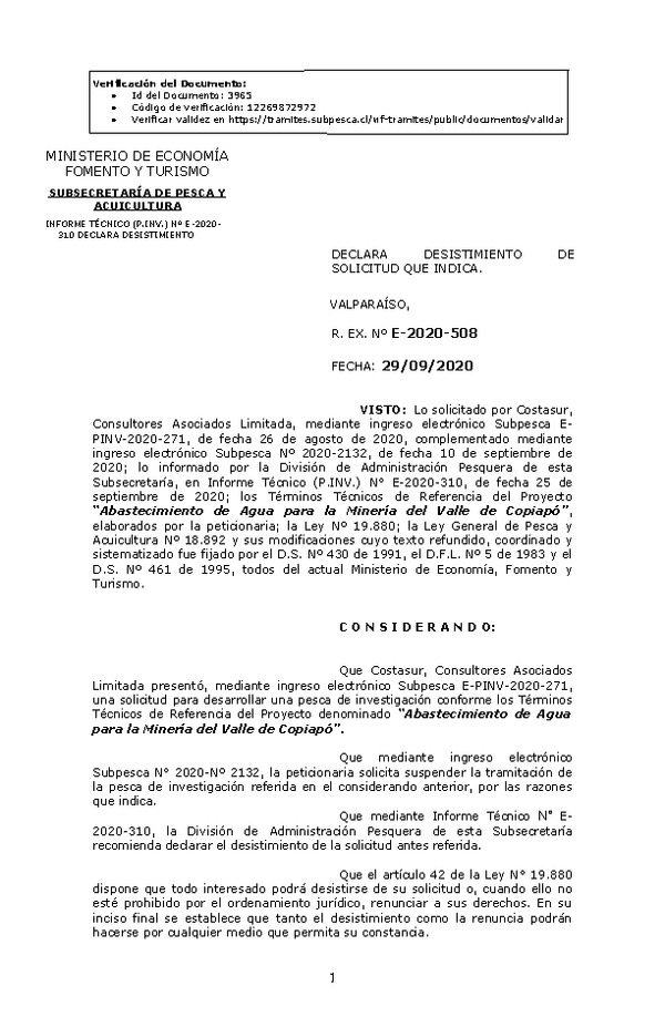 R. EX. Nº E-2020-508 Declara Desistimiento de Solicitud que Indica. (Publicado en Página Web 30-09-2020)