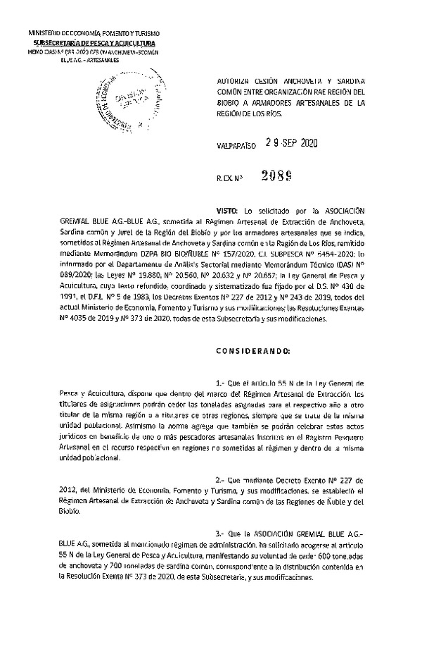 Res. Ex. N° 2089-2020 Autoriza Cesión anchoveta y sardina común Región del Biobío a Región de Los Ríos. (Publicado en Página Web 30-09-2020).