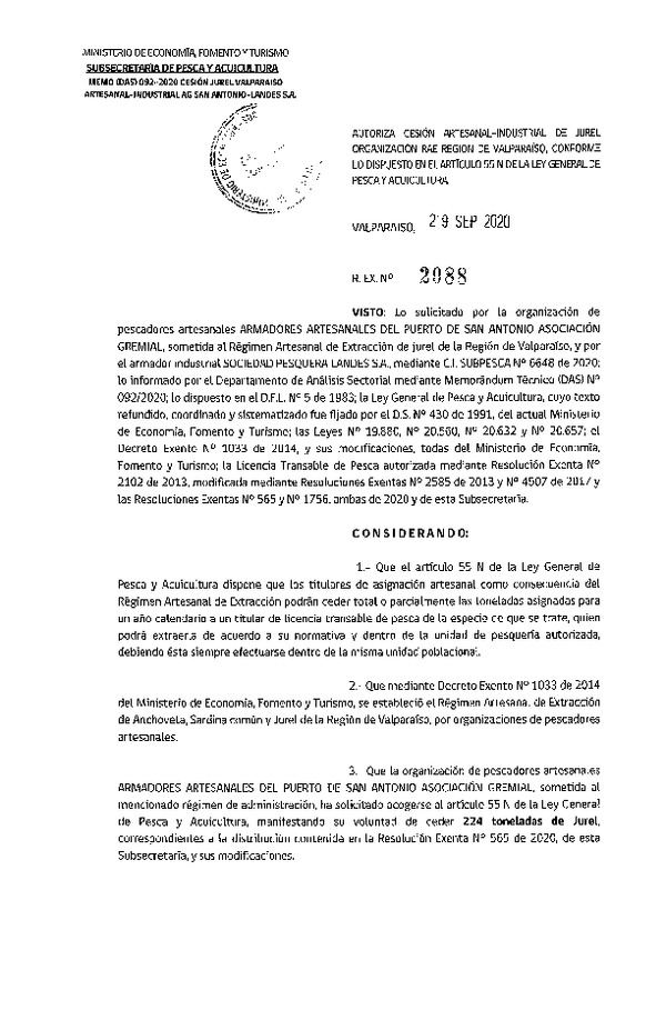 Res. Ex. N° 2088-2020 Autoriza cesión de jurel, Región de Valparaíso. (Publicado en Página Web 30-09-2020)