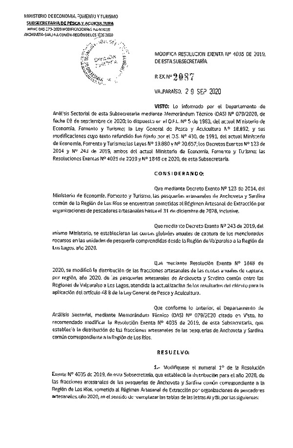 Res. Ex. N° 2087-2020 Modifica Res. Ex. N° 4035-2019 Distribución de la Fracción Artesanal de Pesquería de Anchoveta y Sardina Común, Región de Los Ríos, Año 2020. (Publicado en Página Web 30-09-2020)