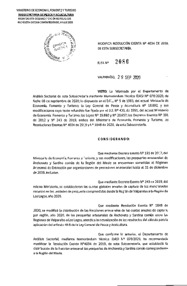 Res. Ex. N° 2086-2020 Modifica 	Res. Ex. N° 4034-2019 Distribución de la Fracción Artesanal de Pesquería de Anchoveta y Sardina Común, Región del Maule, Año 2020. (Publicado en Página Web 30-09-2020)