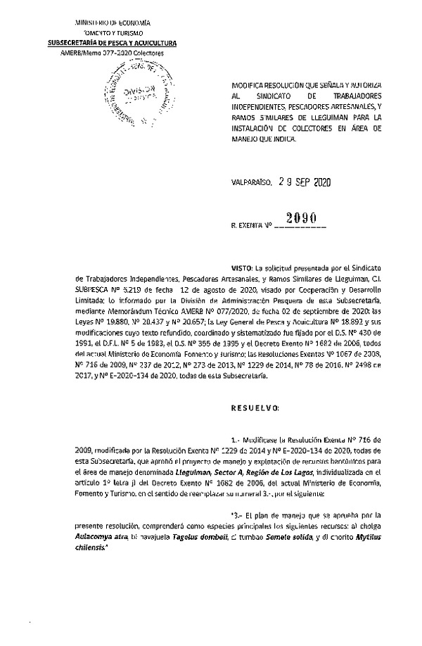 Res. Ex. N° 2090-2020 Instalación de colectores. (Publicado en Página Web 30-09-2020)