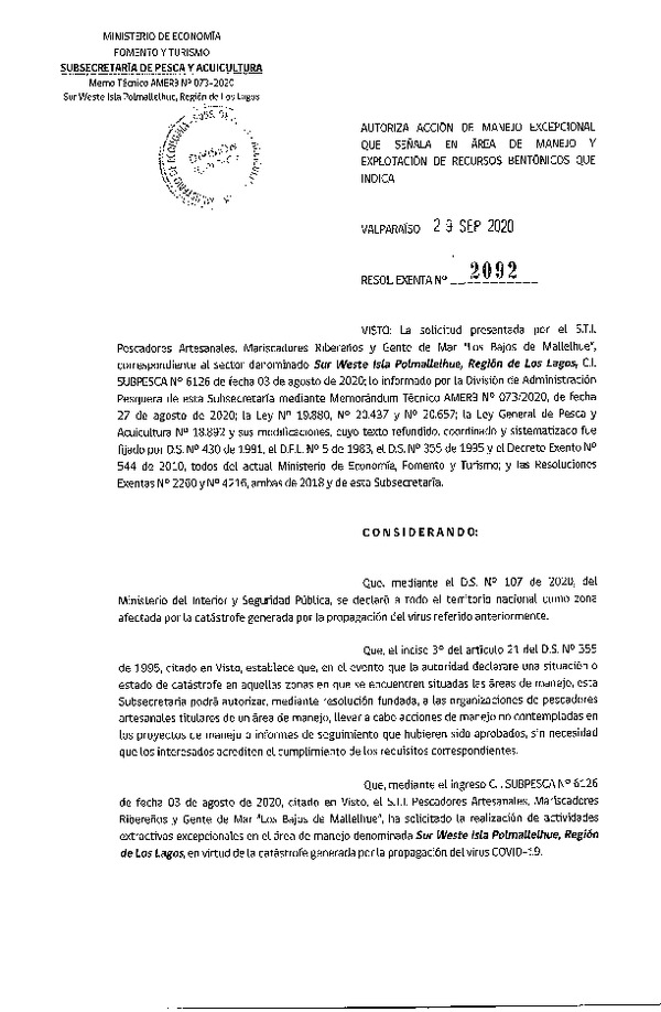 Res. Ex. N° 2092-2020 Autoriza acción de manejo excepcional que señala. (Publicado en Página Web 30-09-2020)