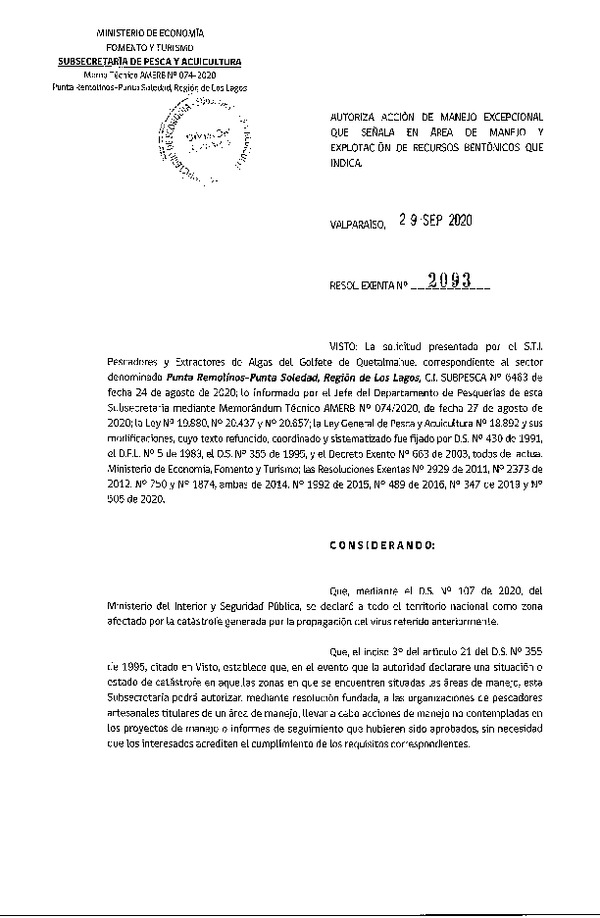 Res. Ex. N° 2093-2020 Autoriza acción de manejo excepcional que señala. (Publicado en Página Web 30-09-2020)