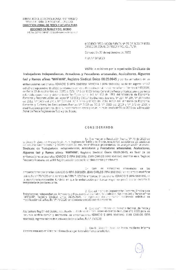 Res. Ex. N° 97 (DZP Ñuble y del Biobío) Modifica Res Ex N° 0076-2020, (DZP VIII), Autoriza cesión Sardina Común y Anchoveta Región de Ñuble-Biobío (Publicado en Página Web 30-09-2020)