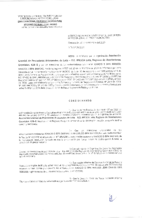 Res. Ex. N° 98-2020 (DZP Ñuble y del Biobío) Modifica Res Ex N° 0087-2020, (DZP VIII), Autoriza cesión Sardina Común y Anchoveta Región de Ñuble-Biobío (Publicado en Página Web 30-09-2020)