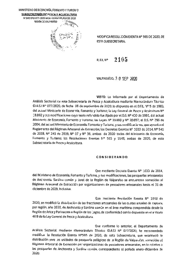 Res. Ex. N° 2105-2020 Modifica Res Ex N° 565-2020, Distribución de la fracción artesanal de pesquería de Anchoveta, Sardina Común y Jurel en la Región de Valparaíso, año 2020 (Publicado en Página Web 30-09-2020)