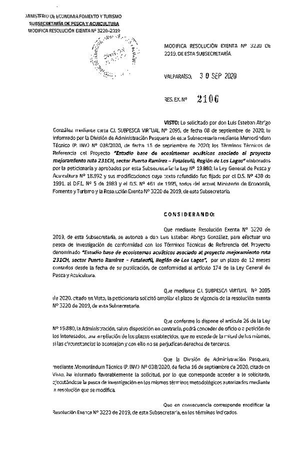 Res. Ex. N° 2106-2020 Modifica Res. Ex. N° 3220-2019 Estudio base de ecosistemas acuáticos, Región de Los Lagos. (Publicado en Página Web 30-09-2020)