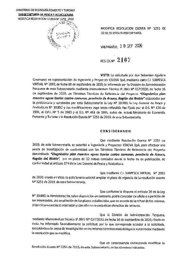 Res. Ex. N° 2107-2020 Modifica Res. Ex. N° 3251-2019 Diagnóstico plan maestro aguas lluvias, Región del Biobío. (Publicado en Página Web 30-09-2020)