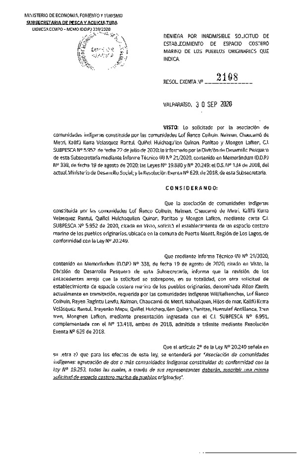 Res. Ex. N° 2108-2020 deniega por inadmisible solicitud de ECMPO que indica. (Publicado en Página Web 30-09-2020)