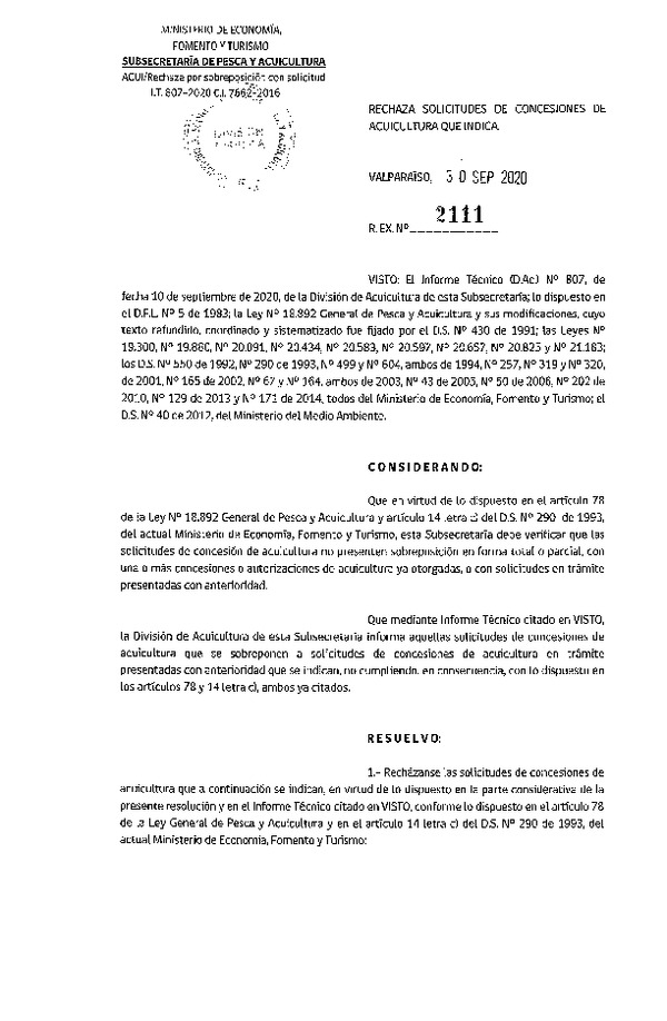 Res. Ex. N° 2111-2020 Rechaza solicitudes de concesión de acuicultura que indica.