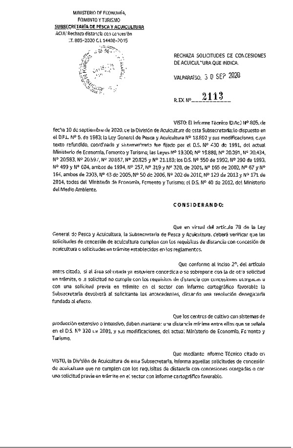 Res. Ex. N° 2113-2020 Rechaza solicitudes de concesión de acuicultura que indica.