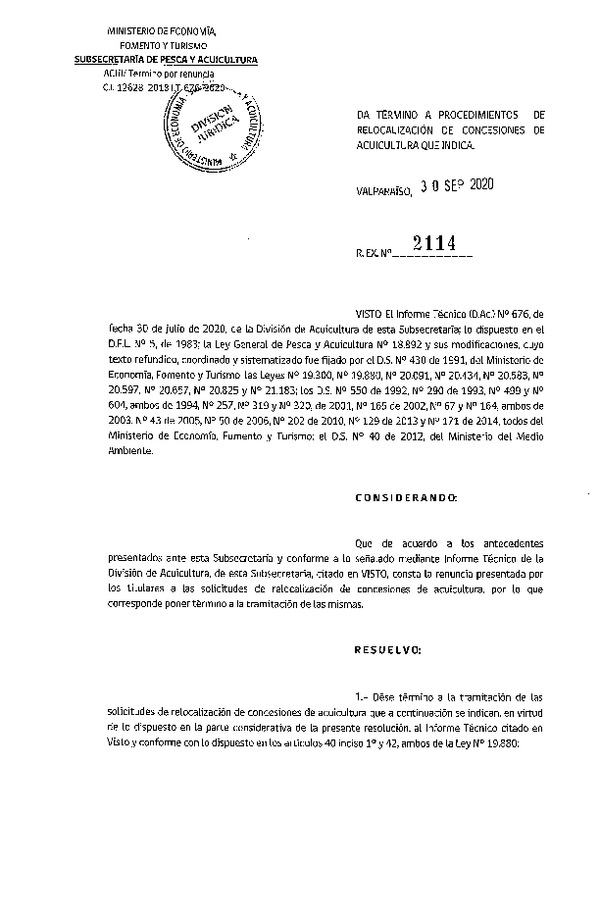 Res. Ex. N° 2114-2020 Da termino a procedimientos de relocalización de concesiones de acuicultura que indica.