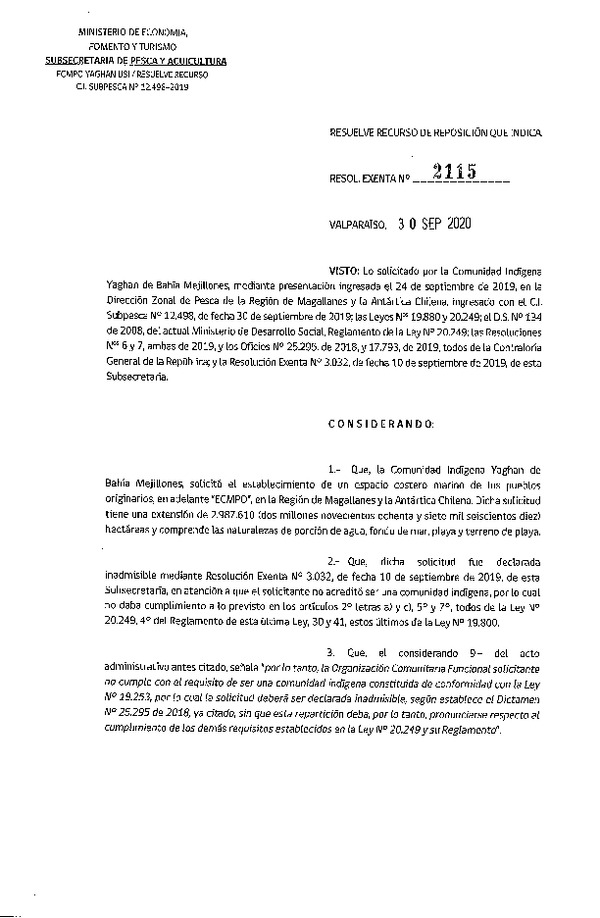 Res. Ex. N° 2115-2020 Resuelve Recurso de Reposición ECMPO que Indica. (Publicado en Página Web 01-10-2020)