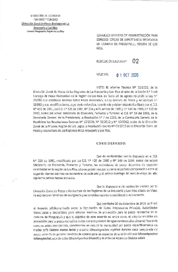 Res. Ex. N° 02-2020 Establece Medidas de Administración para las Especies Ícticas de Importancia Recreativa en Comuna de Panguipulli, Región de Los Ríos. (Publicado en Página Web 01-10-2020)