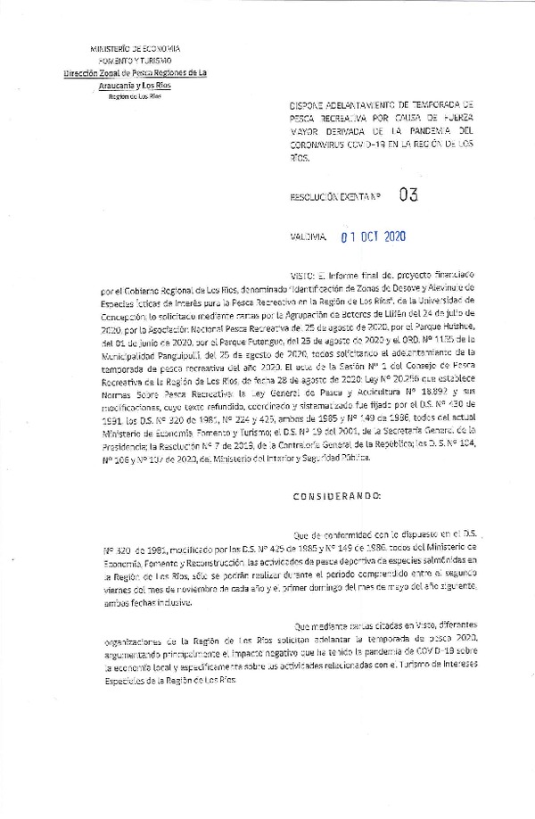 Res. Ex. N° 03-2020 Dispone de Adelantamiento de Temporada de Pesca Recreativa por Causa de Fuerza Mayor Derivada por la Pandemia del Coronavirus Covid-19 en la Región de Los Ríos. (Publicado en Página Web 01-10-2020)