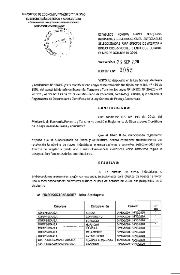 Res. Ex. Nº 2085-2020 Naves mes de octubre de 2020.