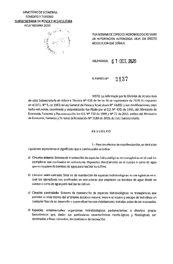 Res. Ex. Nº 2137-2020 Fija Nómina de Especies Hidrobiológicas Vivas de Importación Autorizada. Deja sin Efecto Resolución que Señala. (Publicado en Página Web 02-10-2020)