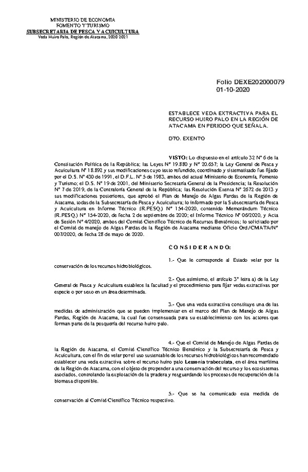 Dec. Ex. Folio 202000079 Establece Veda Extractiva Para el Recurso Huiro Palo en la Región de Atacama en Periodo que Señala. (Publicado en Página Web 02-10-2020)