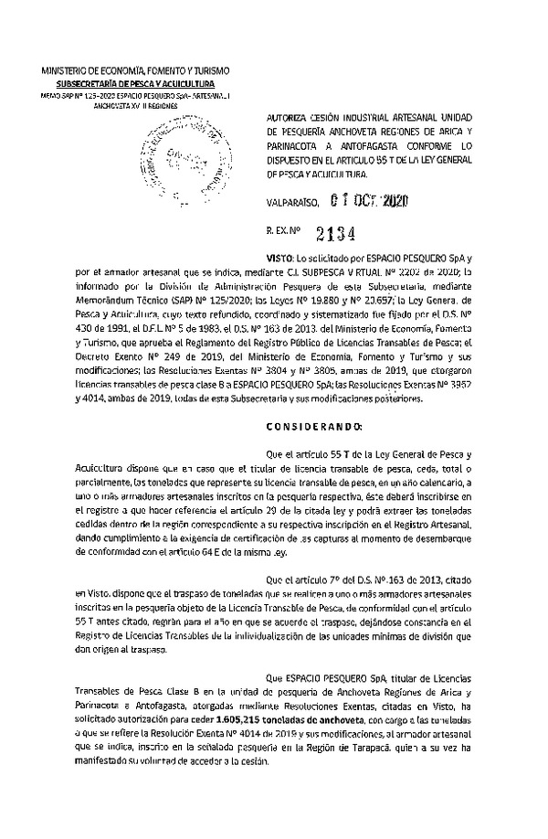 Res. Ex. N° 2134-2020 Autoriza cesión pesquería Anchoveta, Regiones de Arica y Parinacota a Antofagasta. (Publicado en Página Web 02-10-2020)